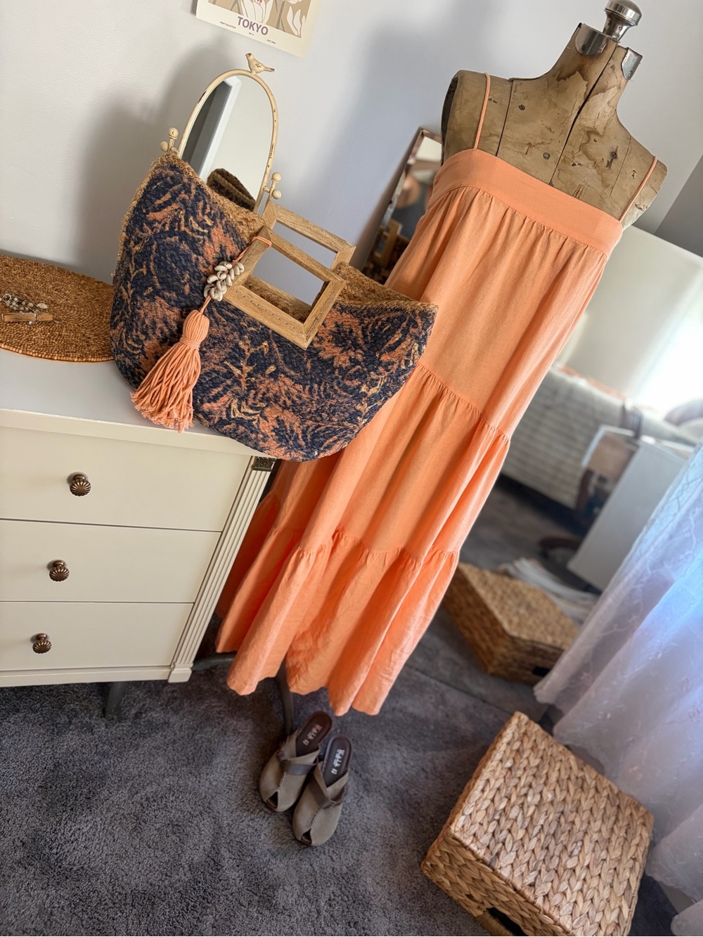 Asymmetrical Tiered Linen Blend Maxi Dress- Not Brown